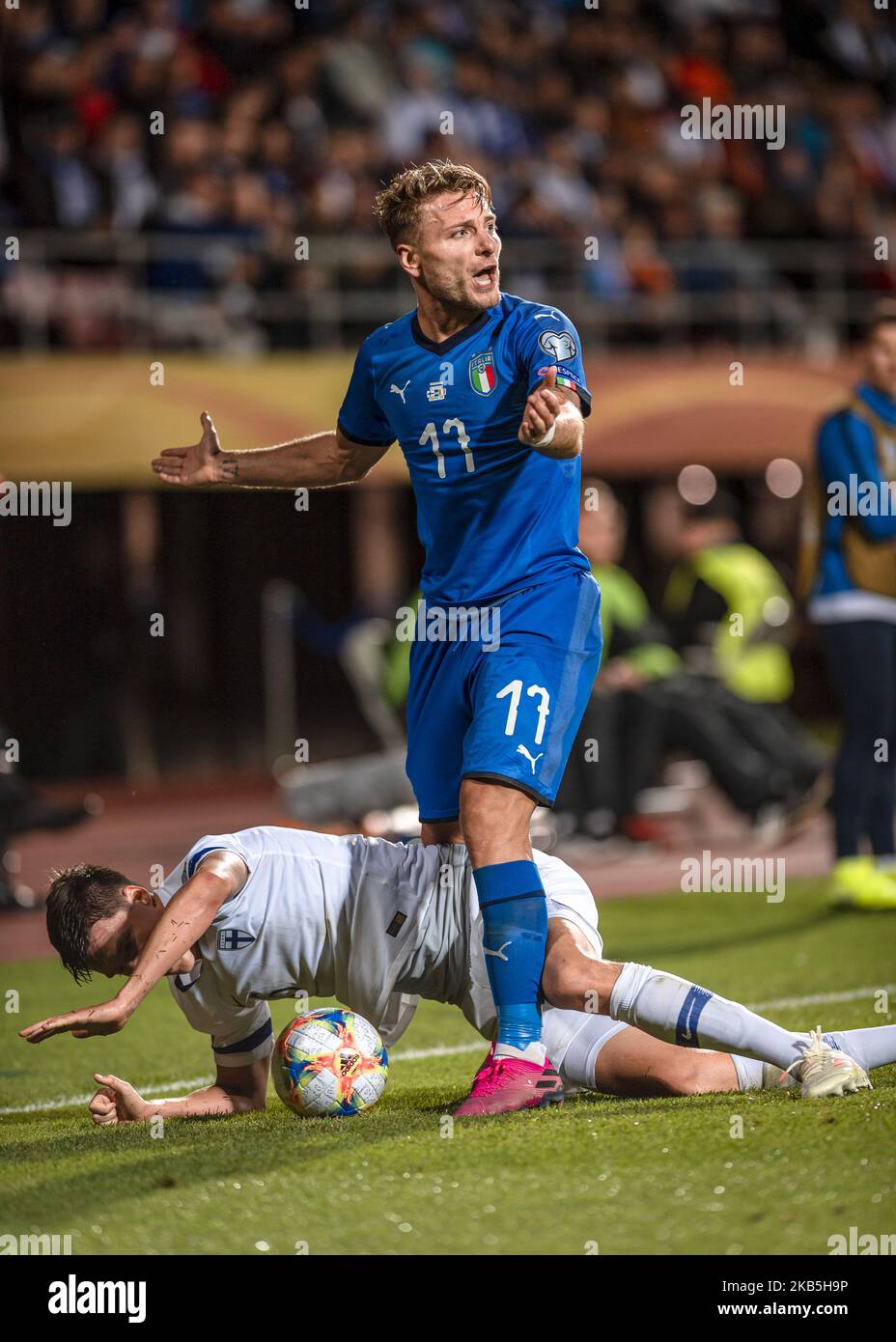 Ciro Immobile and Sauli Vaisanen during the UEFA Euro Qualifiers Group J Finland vs Italy football qualifying round match at Tampere Stadium in Tampere, Finland on 8 September 2019. (Photo by Antti Yrjonen/NurPhoto) Stock Photo