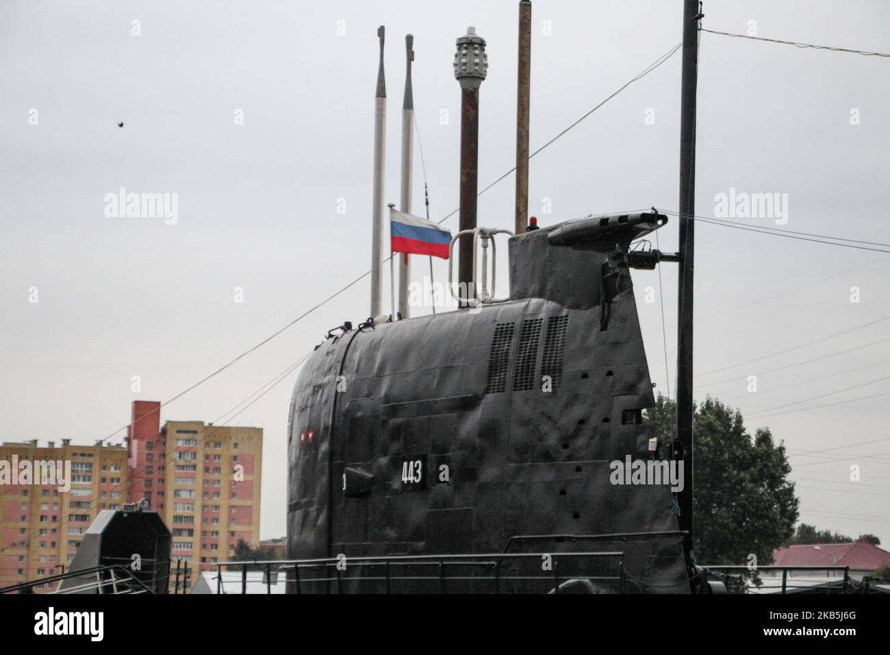 Russian Federation flag on the wind on the Submarine B-413 (NATO Foxtrot) is seen in Museum of the World Ocean in Kaliningrad, Russia, on 7 September 2019 Launched in 1968 from a slipway in Leningrad patrolled within the 4th submarine squadron of the Red Banner Northern Fleet between 1969 and 1990. It is 90 m long, armed with 22 torpedoes and capable of staying submerged for up to 5 days, played a massive role in the Cold War between the USSR and the US. (Photo by Michal Fludra/NurPhoto) Stock Photo