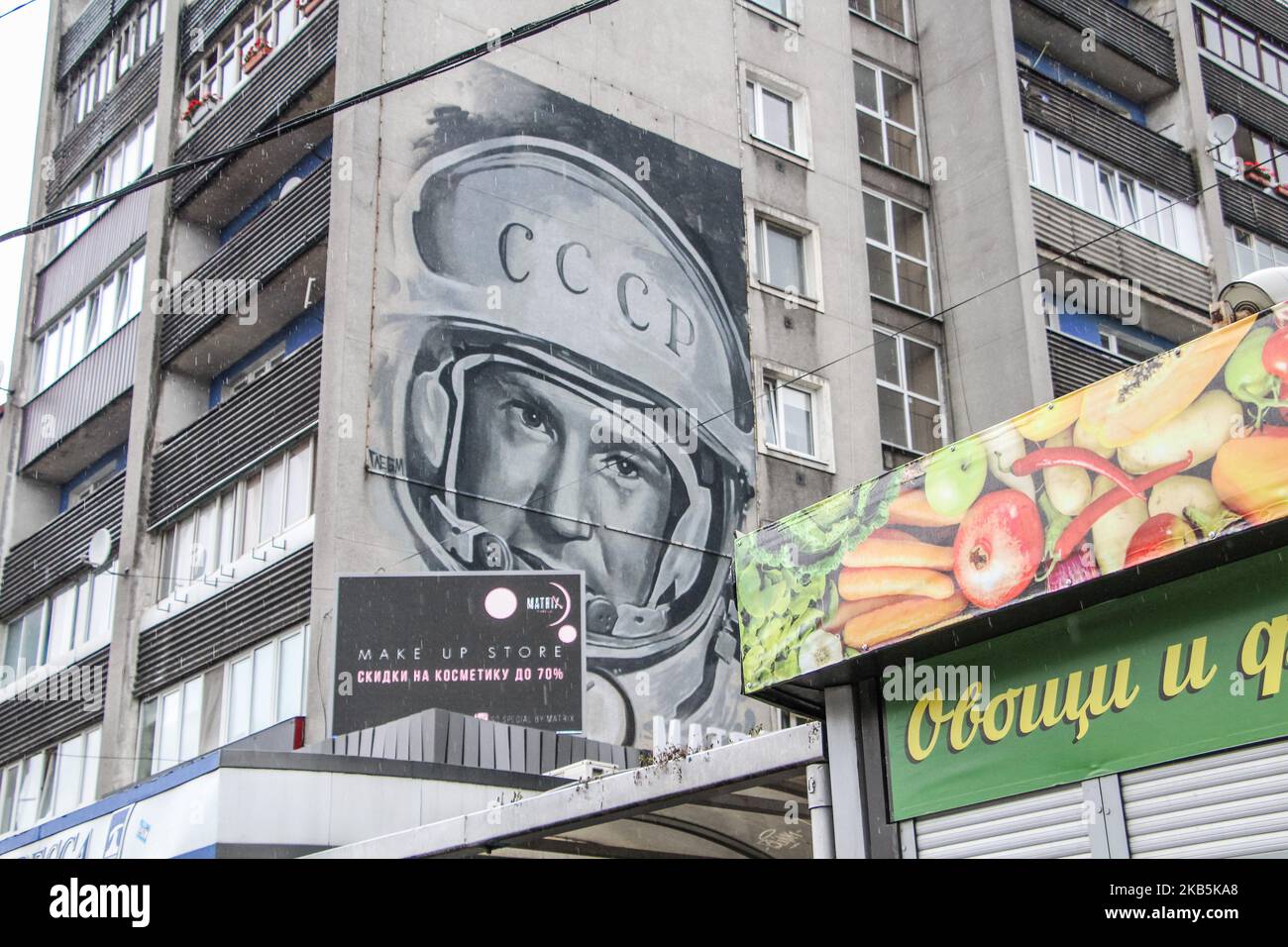 Giant mural with Alexei Leonov (Alexei Arkhipovich Leonov) portrait wearing space helmet is seen in Kaliningrad, Russia, on 8 September 2019 Leonov is the first man to walk in space, and honorary citizen of Kaliningrad. On 18.03.1965, he became the first human to conduct extravehicular activity (EVA), exiting the capsule during the Voskhod 2 mission for a 12-minute spacewalk. (Photo by Michal Fludra/NurPhoto) Stock Photo
