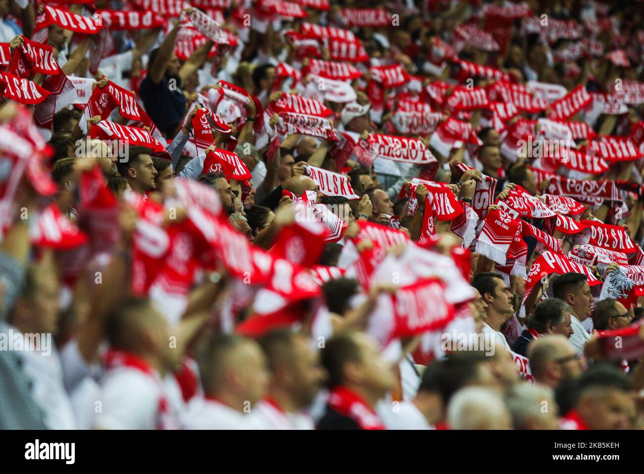 Polish Fans during the UEFA Euro 2020 qualifier between Poland and Austria at PGE Narodowy Stadium on September 9, 2019 in Warsaw, Poland. (Photo by Foto Olimpik/NurPhoto) Stock Photo