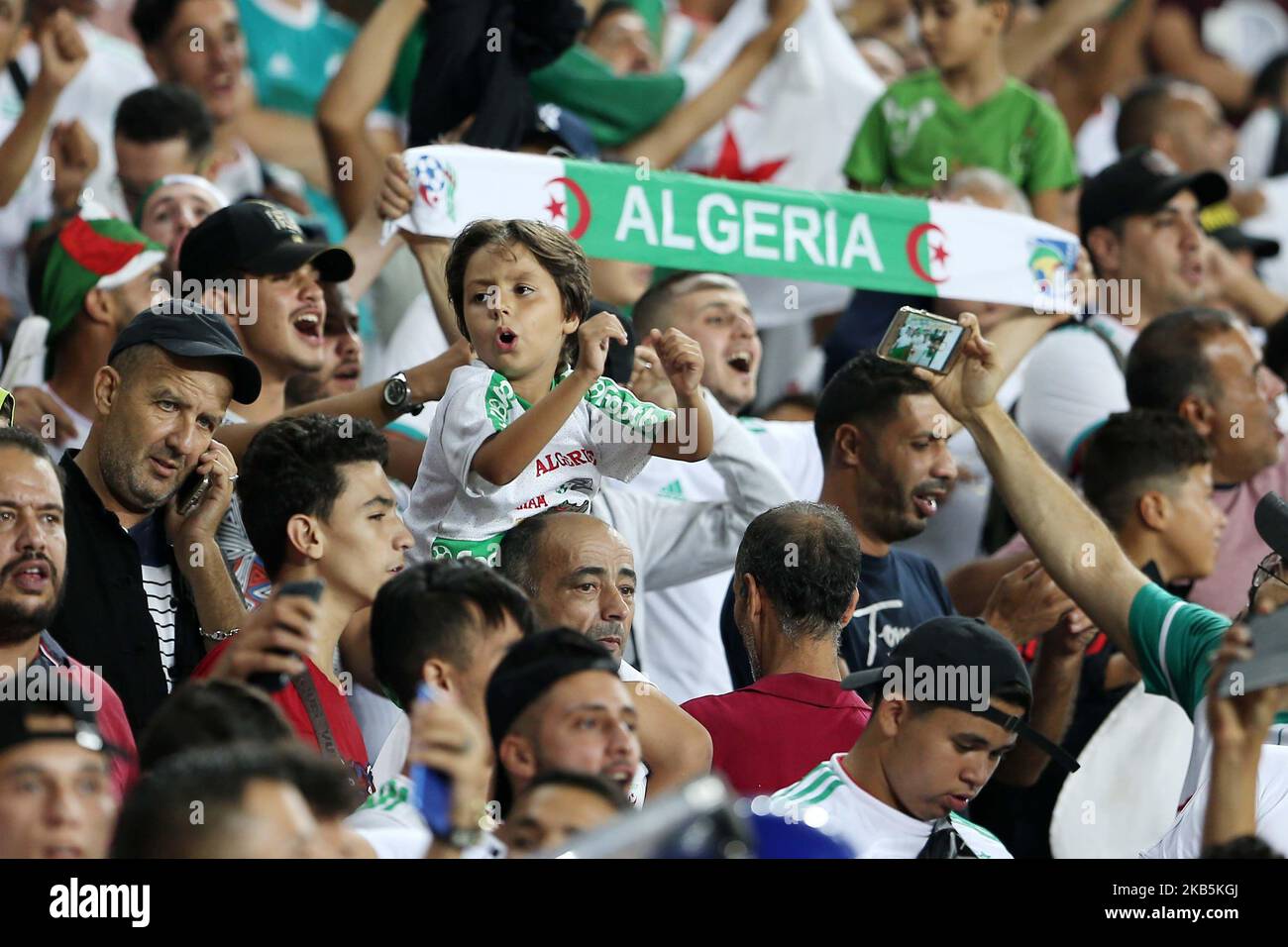 Algerian fans react during friendly soccer match between Algeria and Benin, on September 09, 2019 at the 'July 5 Stadium' in Algiers, Algeria. (Photo by Billal Bensalem/NurPhoto) Stock Photo