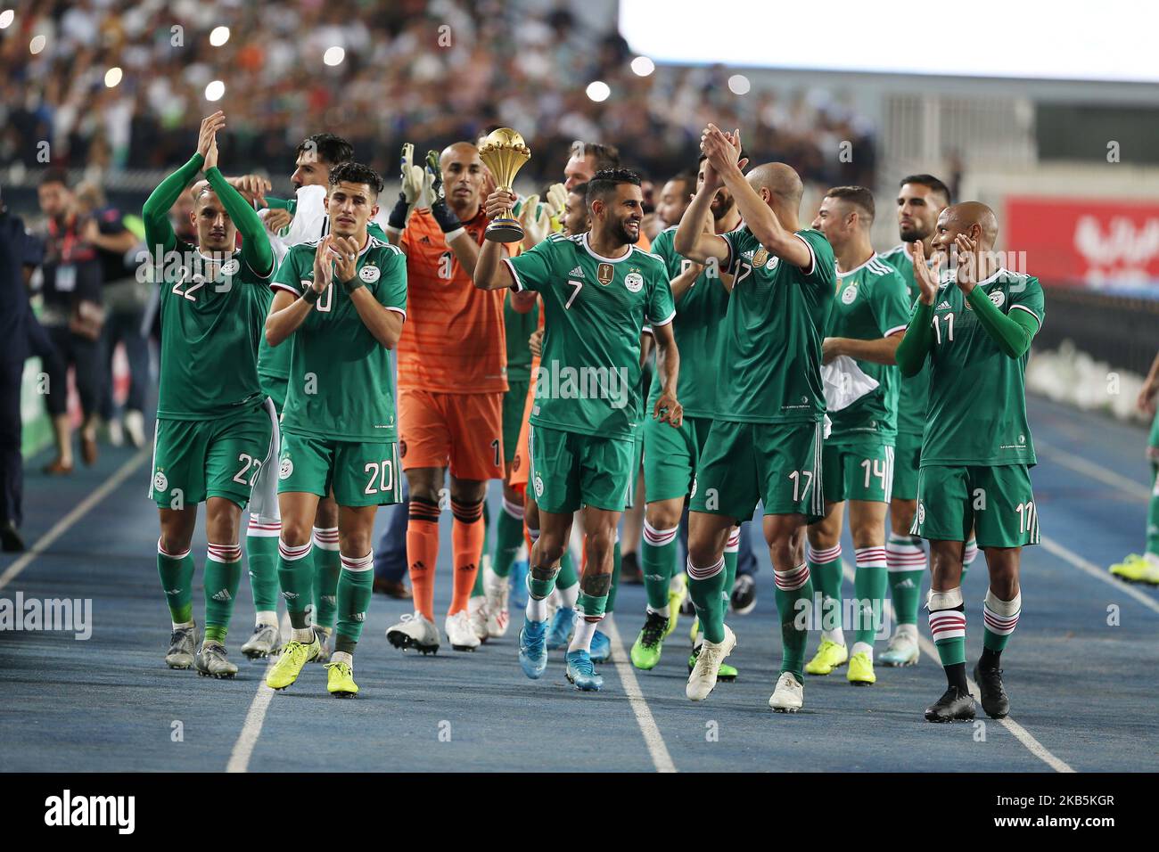 Algerian players celebrate with the African Cup during friendly soccer match between Algeria and Benin, on September 09, 2019 at the 'July 5 Stadium' in Algiers, Algeria. (Photo by Billal Bensalem/NurPhoto) Stock Photo
