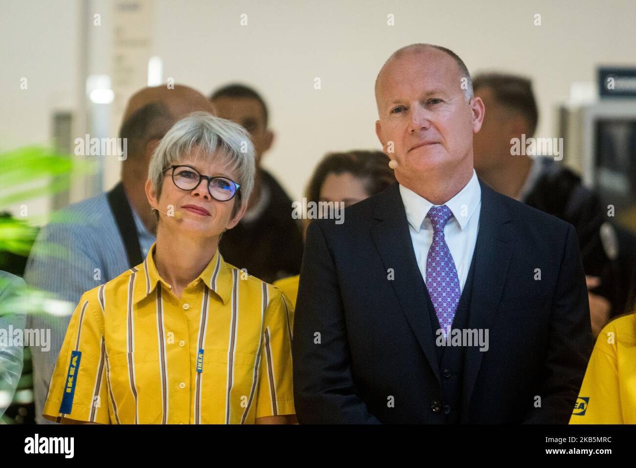 Ikea France CEO Walter Kadnar (C) and Ikea store manager Catherine Arnoux (L) attend inauguration of the Ikea store in the Grand Lyon Parilly area in Venissieux near Lyon, France, on September 10, 2019. (Photo by Nicolas Liponne/NurPhoto) Stock Photo