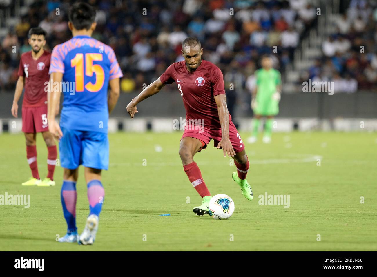 Abdelkarim Hassan strikes at goal during Qatar 0 - 0 India in a World Cup qualifying match at the Jassim Bin Hamad Stadium in Doha, Qatar on September 10 2019. (Photo by Simon Holmes/NurPhoto) Stock Photo