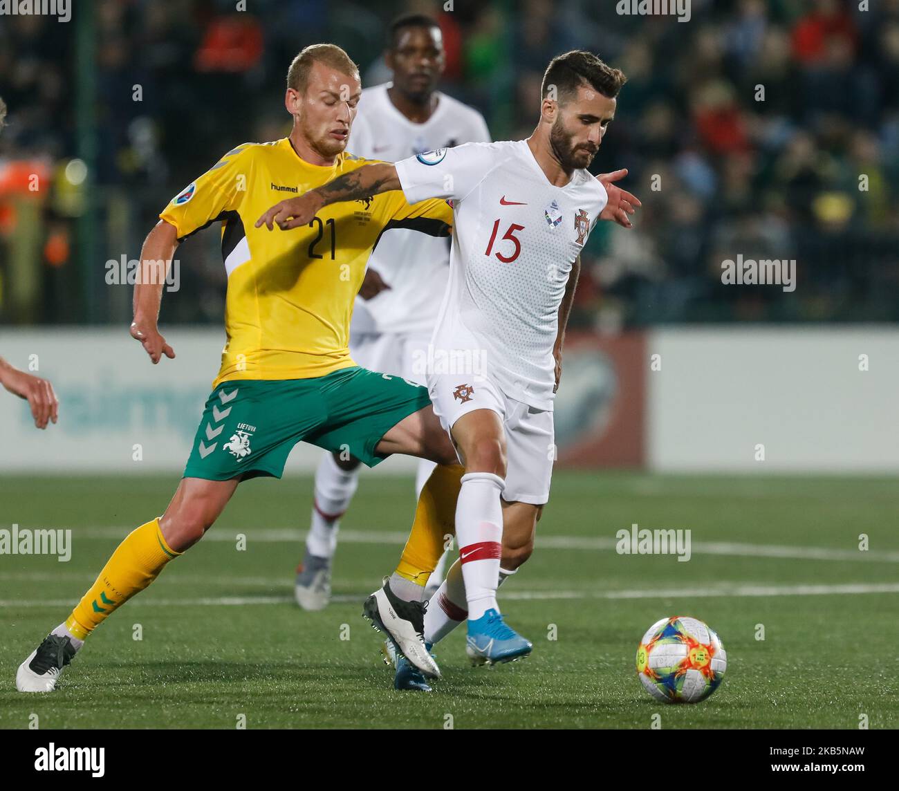 Modestas Vorobjovas (L) of Lithuania and Rafa Silva of Portugal vie for the ball during the UEFA Euro 2020 qualifying match between Lithuanua and Portugal on September 10, 2019 at LFF Stadium in Vilnius, Lithuania. (Photo by Mike Kireev/NurPhoto) Stock Photo