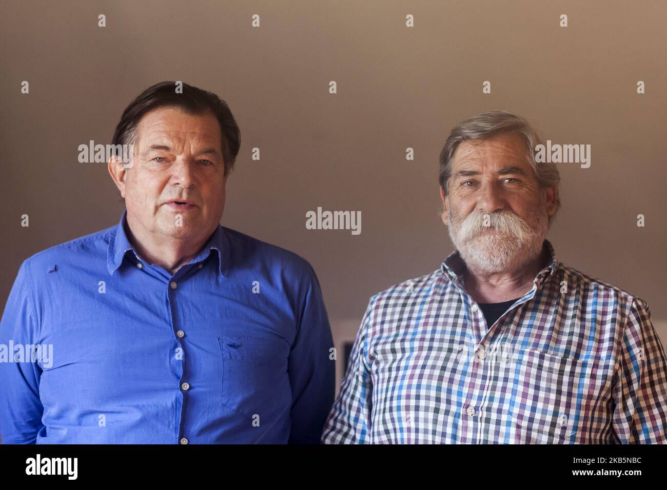 Osorno, Chile. 10 September 2019. Jorge Weil Parodi and Rodolfo Balbontin, formers members of the Mir and x political prisoners during the Chilean military dictatorship. Two former members of the MIR (revolutionary left movement) prepare a photographic exhibition on the Melinka, Puchuncavi political prison camp where they were imprisoned for two years.After the coup d'etat of September 11, 1973, some popular spas were enabled as political prison camps and / or detention centers including Puchuncavi in charge of the Chilean army.One of the important milestones in the history of this site occurr Stock Photo