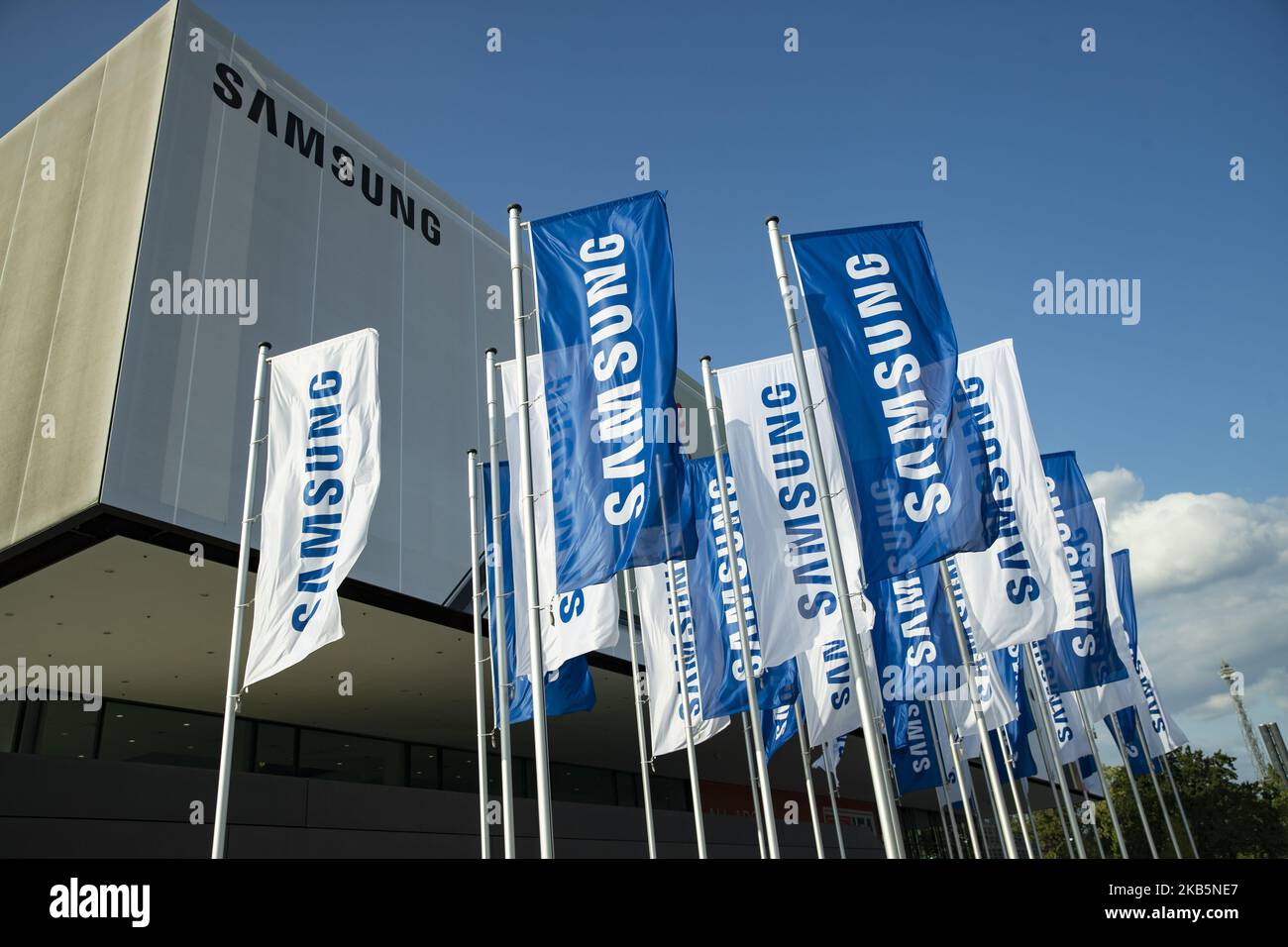 Samsung flags are seen during the international electronics and