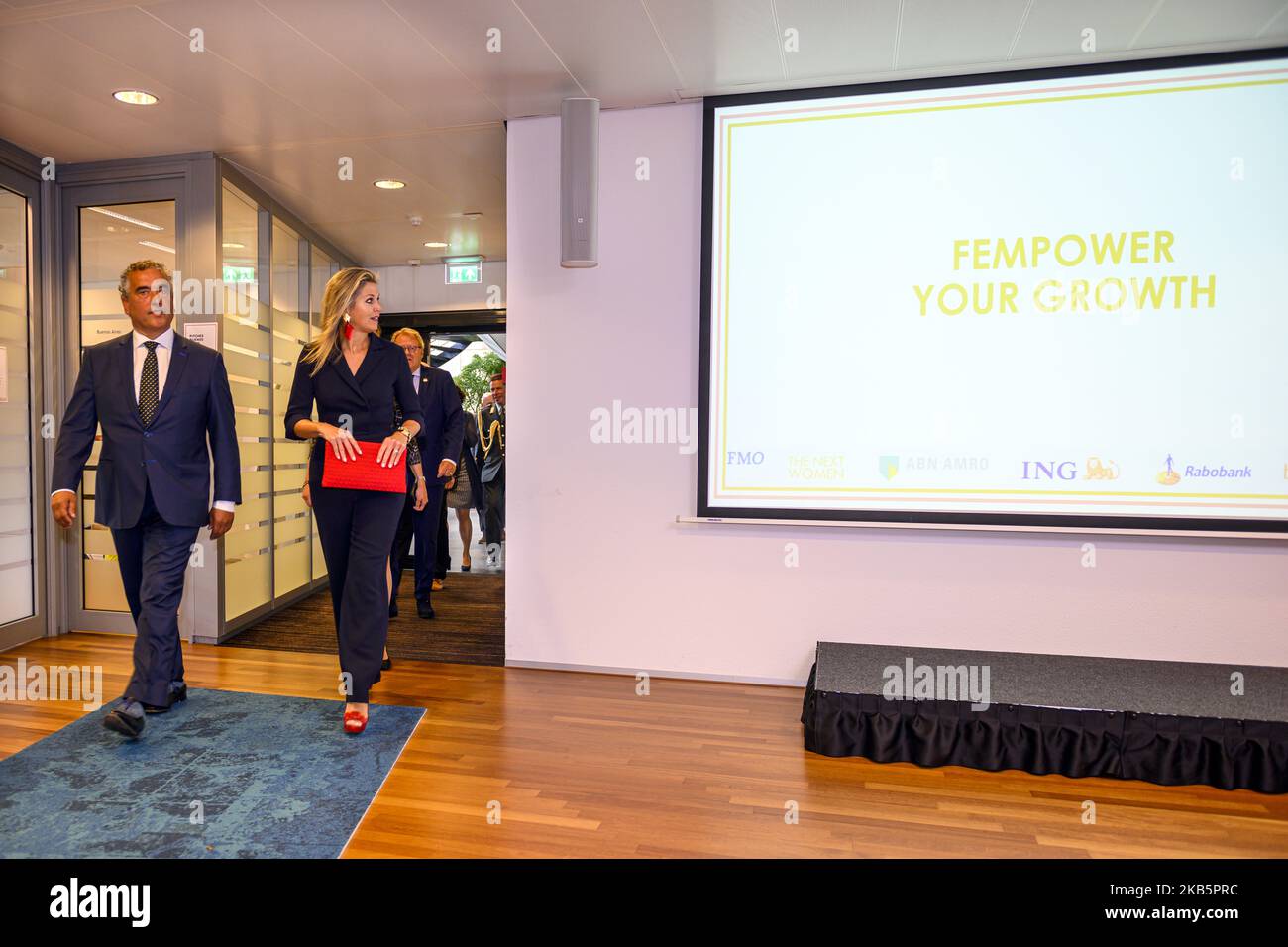P. J. van Mierlo (L) and Queen Maxima of the Netherlands attend the workshop Fempower your growth program at the Dutch development bank, FMO, in The Hague, The Netherlands, 11 September 2019. This program from FEM.NL and The Next Women, focuses on stimulating female entrepreneurship and improving access to finance for female entrepreneurs. The ''FEmpower Growth Program'' is a pilot-project that runs from June to September 2019 and is intended for female entrepreneurs and Bank representatives, aiming at improving access to finance, building relevant networks and increasing entrepreneurial skill Stock Photo
