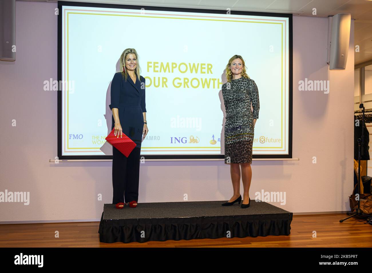 Queen Maxima of the Netherlands and Chantal Korteweg (R) attend the workshop Fempower your growth program at the Dutch development bank, FMO, in The Hague, The Netherlands, 11 September 2019. This program from FEM.NL and The Next Women, focuses on stimulating female entrepreneurship and improving access to finance for female entrepreneurs. The ''FEmpower Growth Program'' is a pilot-project that runs from June to September 2019 and is intended for female entrepreneurs and Bank representatives, aiming at improving access to finance, building relevant networks and increasing entrepreneurial skill Stock Photo