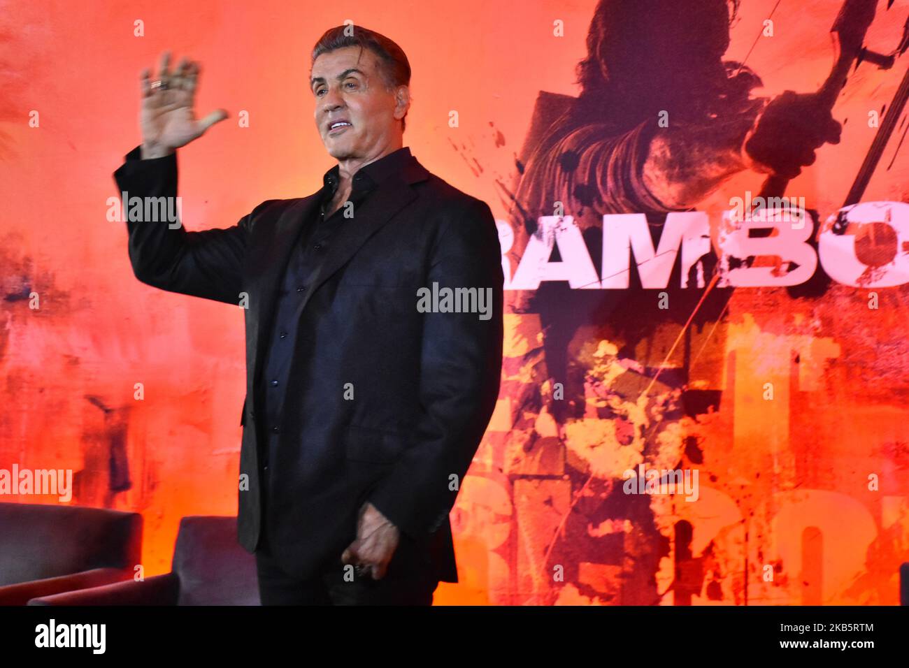 Sylvester Stallone wave his hand during Rambo: Last Blood film press conference at Four Season Hotel on September 12, 2019 in Mexico City, Mexico (Photo by Eyepix/NurPhoto) Stock Photo