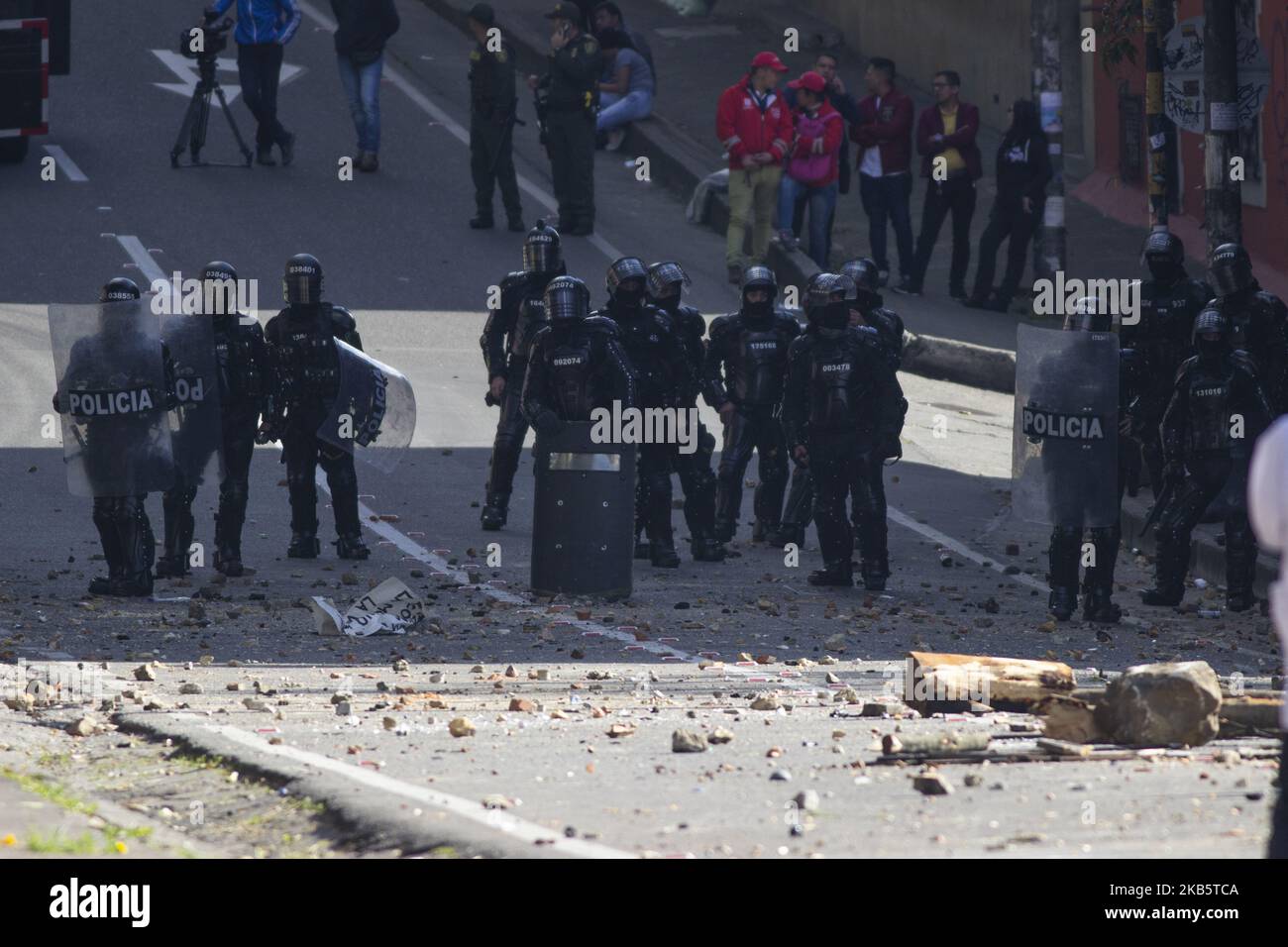 Members of the Mobile Riot Squadron (ESMAD) in the riots of the La Macarena District University (Photo by Daniel Garzon Herazo/NurPhoto) Stock Photo