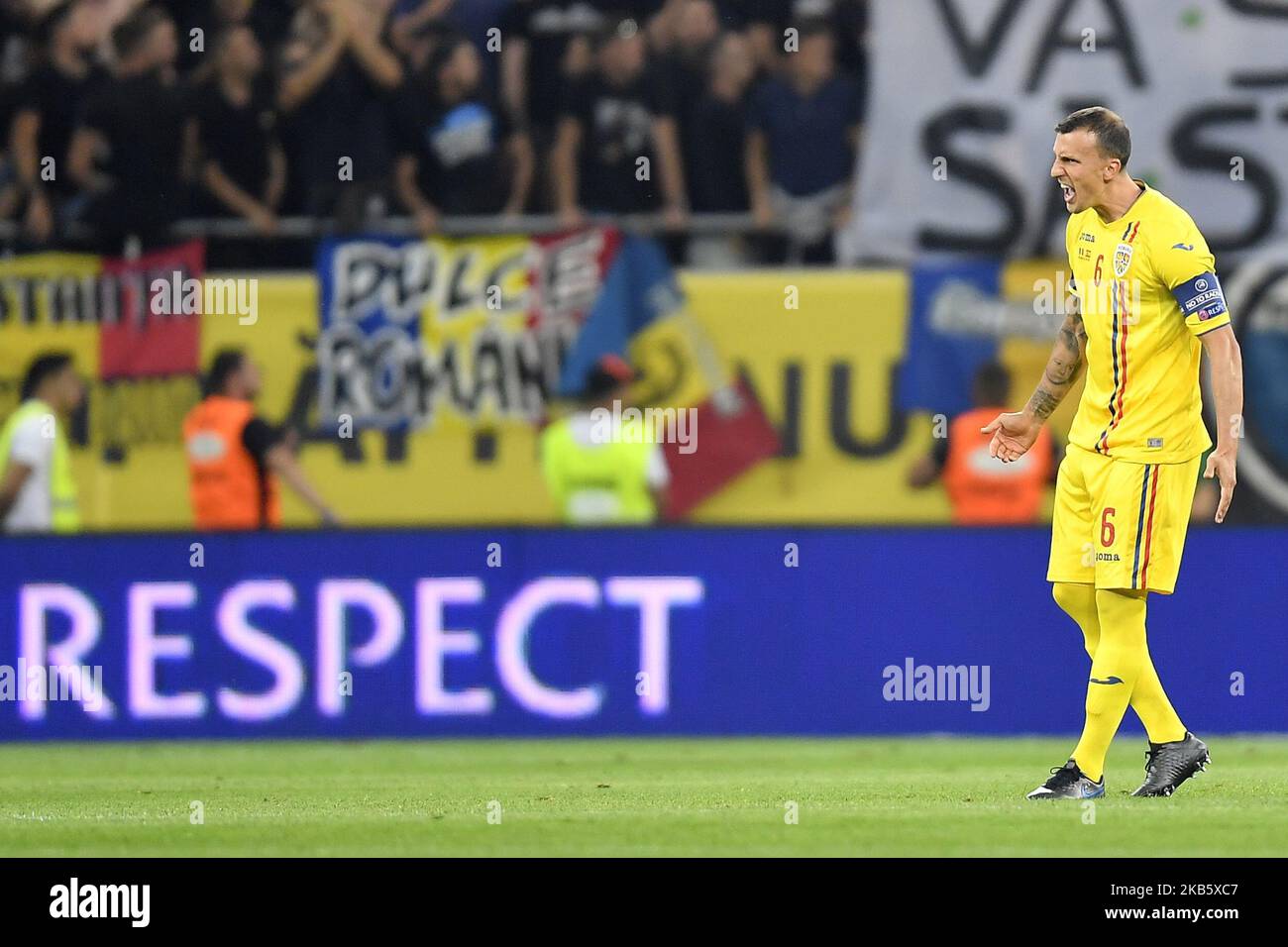 Romania's Vlad Chiriches reacts during the game during the UEFA EURO 2020 group F qualifying football match Romania vs Spain at Arena Nationala on September 05, 2019 in Bucharest, Romania. (Photo by Alex Nicodim/NurPhoto) Stock Photo