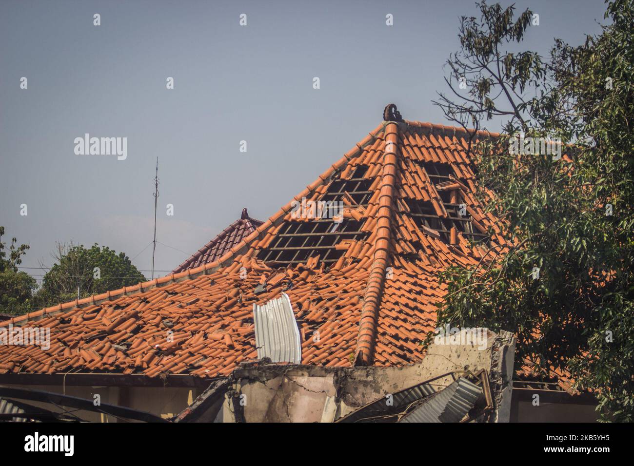A destroyed warehouse in Semarang, Central Java, Indonesia, following an accidental explosion at a police warehouse on September 14, 2019. (Photo by WF Sihardian/NurPhoto) Stock Photo