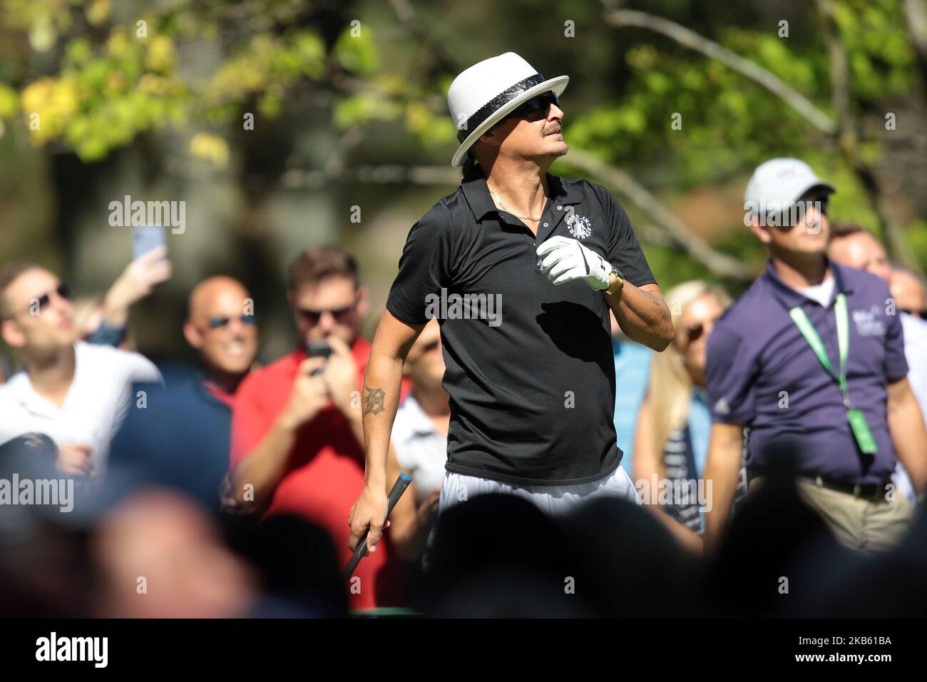 Michigan native Kid Rock follows his shot from the 11th tee during a celebrity shootout at the conclusion of the second round of The Ally Challenge presented by McLaren at Warwick Hills Golf & Country Club, Grand Blanc, MI, USA Saturday, September 14, 2019. (Photo by Jorge Lemus/NurPhoto) Stock Photo