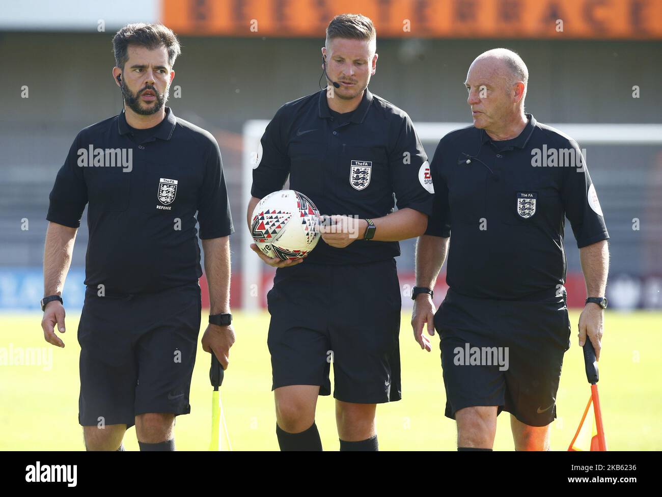 L-R Robin Cox Assistant Referee, Referee Ryan Atkin and Luigi Lungarella Assistant Referee during Barclays FA Women's Super League between Tottenham Hotspur and Liverpool at The Hive Stadium , London, UK on 15 September 2019 (Photo by Action Foto Sport/NurPhoto) Stock Photo