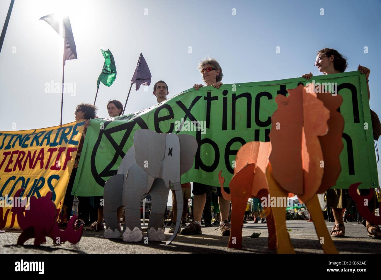 About 100 activists of the Rebellion Extinction movement blocked the Wilson Bridge in Lyon, France, on September 15, 2019, to alert the population against climate change. (Photo by Nicolas Liponne/NurPhoto) Stock Photo