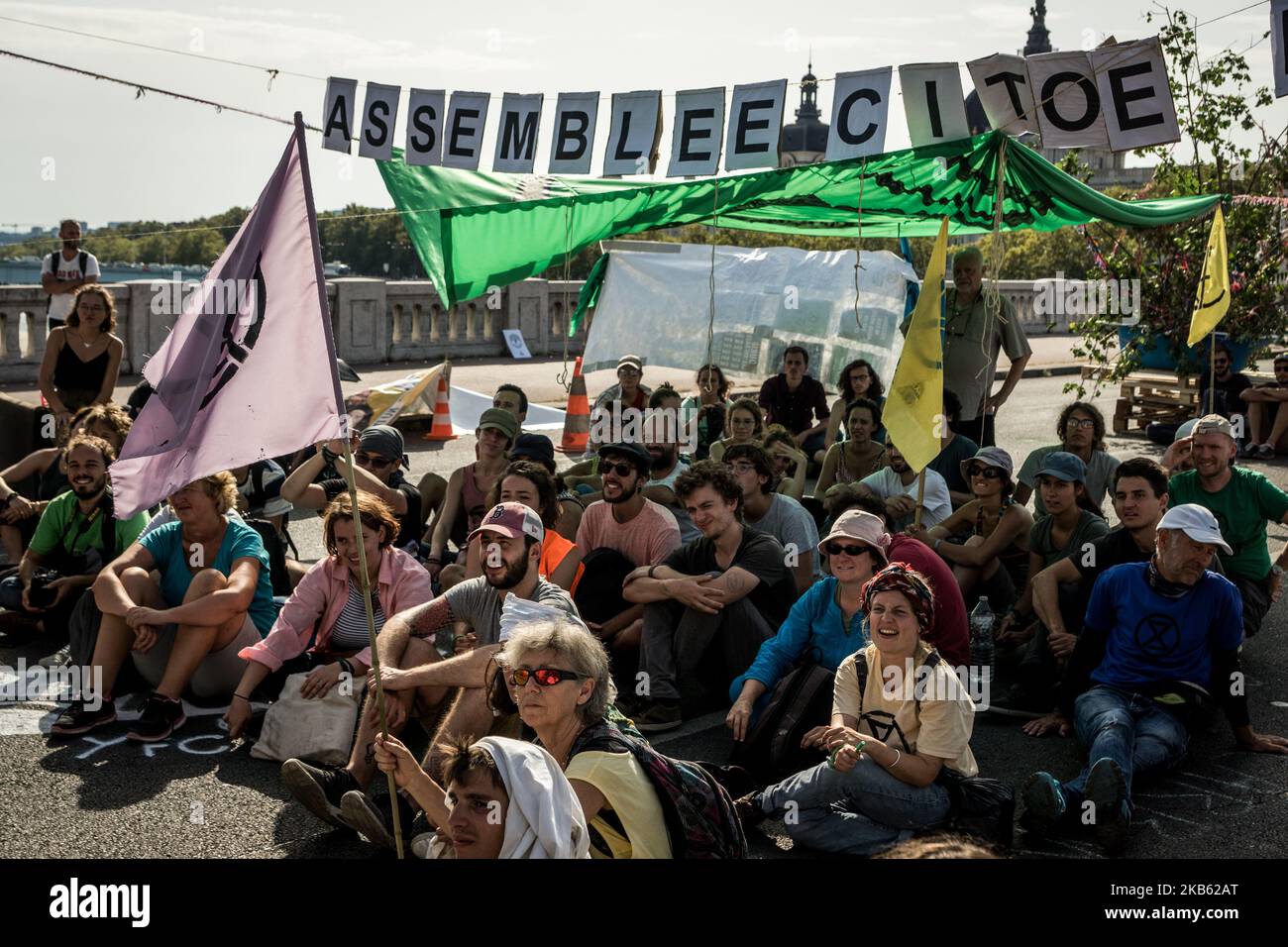 About 100 activists of the Rebellion Extinction movement blocked the Wilson Bridge in Lyon, France, on September 15, 2019, to alert the population against climate change. (Photo by Nicolas Liponne/NurPhoto) Stock Photo