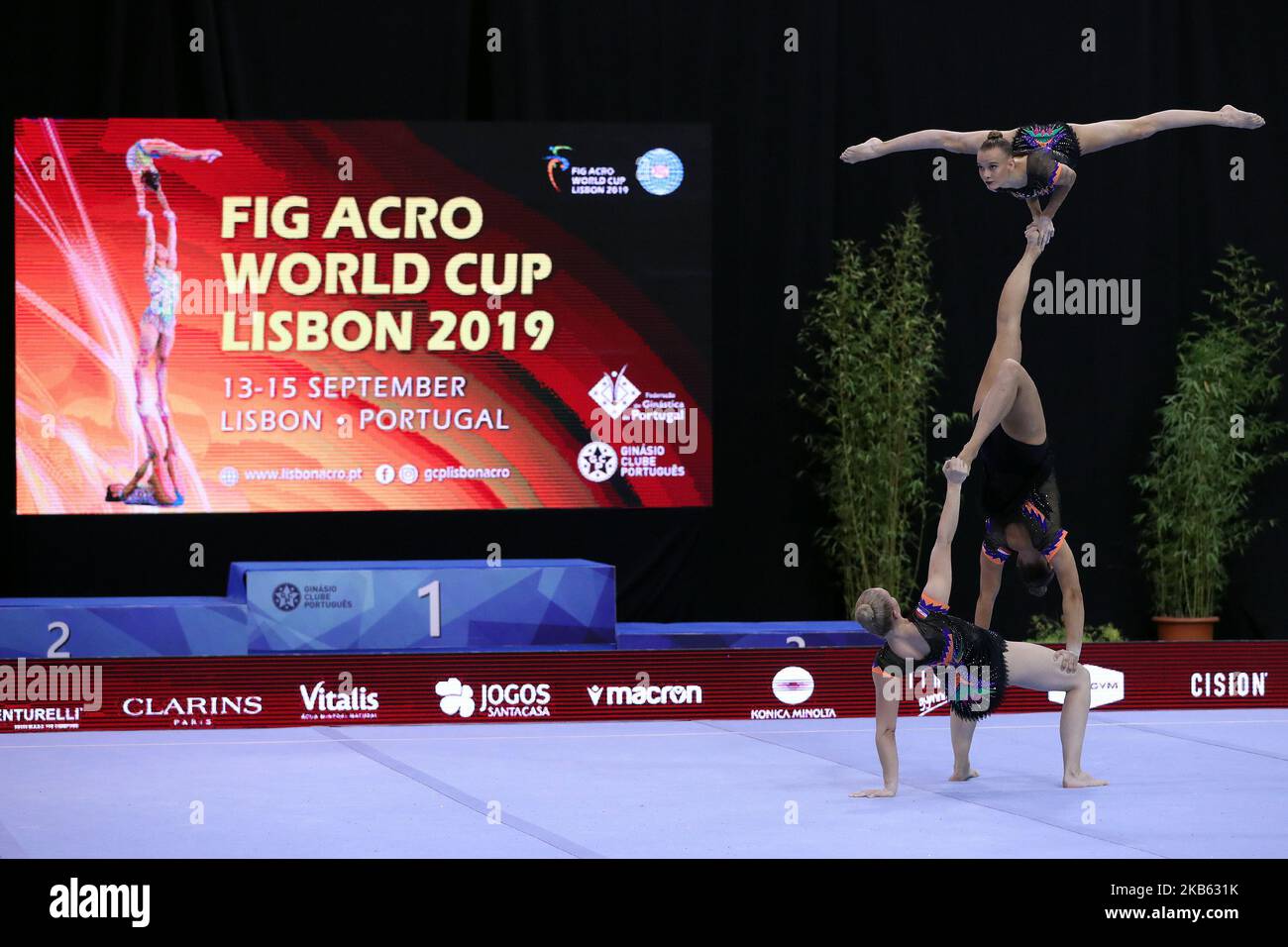 Women's group Lotte Rovers, Ilze Thoonen and Liz Van Der Heijden of Netherlands in action during the FIG Acro World Cup 2019 - Acrobatic Gymnastics Finals at the Casal Vistoso Hall in Lisbon, Portugal on September 15, 2019. (Photo by Pedro Fiúza/NurPhoto) Stock Photo