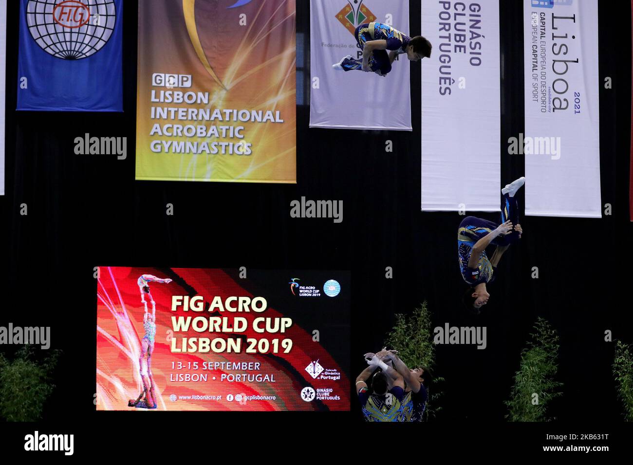 Men's group Henrique Piqueiro, Frederico Silva, Henrique Silva and Miguel Silvain of Portugal in action during the FIG Acro World Cup 2019 - Acrobatic Gymnastics Finals at the Casal Vistoso Hall in Lisbon, Portugal on September 15, 2019. (Photo by Pedro FiÃºza/NurPhoto) Stock Photo