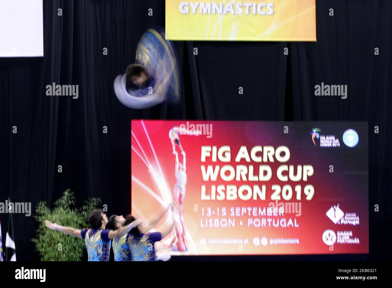 Men's group Henrique Piqueiro, Frederico Silva, Henrique Silva and Miguel Silvain of Portugal in action during the FIG Acro World Cup 2019 - Acrobatic Gymnastics Finals at the Casal Vistoso Hall in Lisbon, Portugal on September 15, 2019. (Photo by Pedro FiÃºza/NurPhoto) Stock Photo