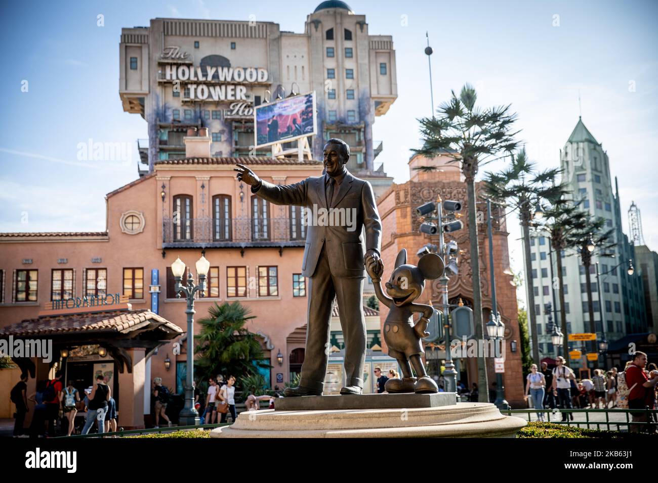 A view of a status Walter Elias Disney with Mickey Mouse at Walt Disney Studios Park in Disneyland Paris, in Paris, France, on September 14, 2019. Disneyland Paris is one of Europe's most popular attractions. In 2017 Disneyland Paris has received 320 million visits since its opening in 1992, 56% of which came from outside France (mostly Europe). (Photo by Salvatore Romano/NurPhoto) Stock Photo