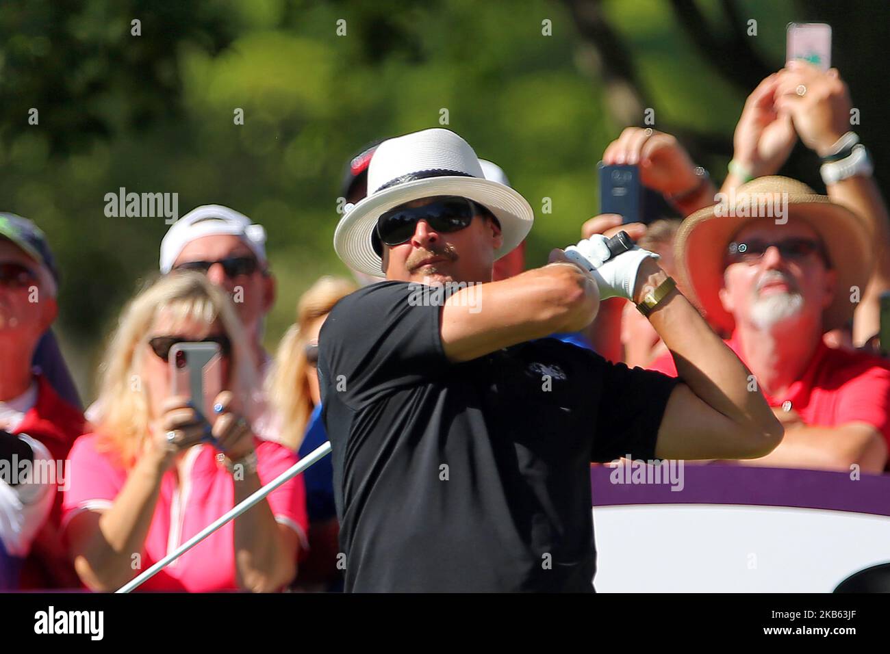 Michigan native musician Kid Rock hits from the 13th tee during the second round of The Ally Challenge presented by McLaren at Warwick Hills Golf & Country Club, Grand Blanc, MI, USA Saturday, September 14, 2019. (Photo by Amy Lemus/NurPhoto) Stock Photo