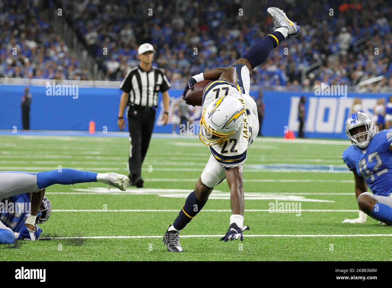 Los Angeles Chargers running back Justin Jackson (22) runs the ball against Detroit Lions defensive back Tracy Walker (21) during the second half of an NFL football game in Detroit, Michigan USA, on Sunday, September 15, 2019 (Photo by Jorge Lemus/NurPhoto) Stock Photo