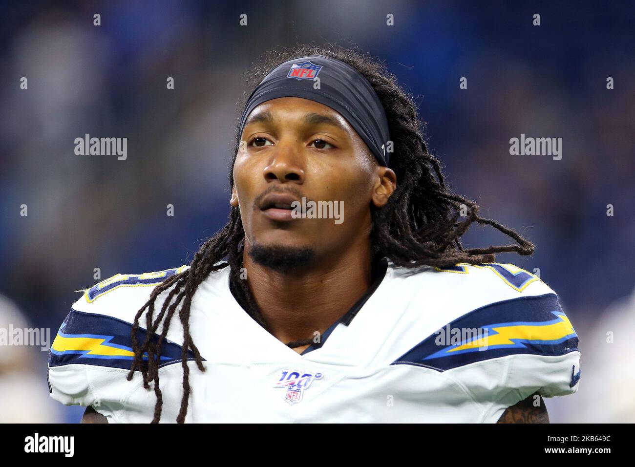 Los Angeles Chargers defensive back Rayshawn Jenkins (23) participates on the field during warmups before the first half of an NFL football game against the Detroit Lions in Detroit, Michigan USA, on Sunday, September 15, 2019. (Photo by Amy Lemus/NurPhoto) Stock Photo