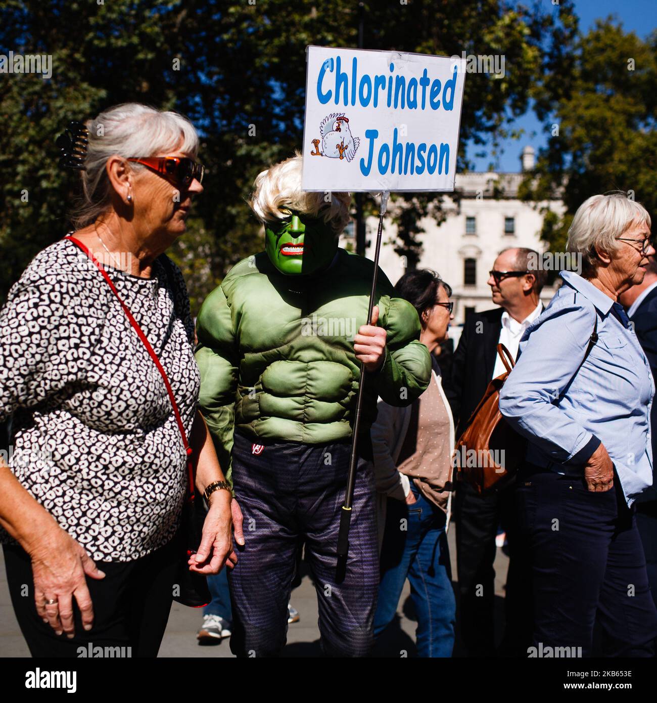 A protester wears an Incredible Hulk costume and Boris Johnson wig as activists calling for the reopening of Parliament demonstrate outside the Supreme Court in London, England, on September 17, 2019. Mr Johnson at the weekend likened himself to the superhero character in his approach to Brexit. A panel of 11 judges at the Supreme Court today began hearing arguments in two appeals of rulings over the legality of the current prorogation of Parliament. The prorogation has been ruled unlawful by the Court of Session in Edinburgh, where it was declared that prorogation had been improperly motivate Stock Photo