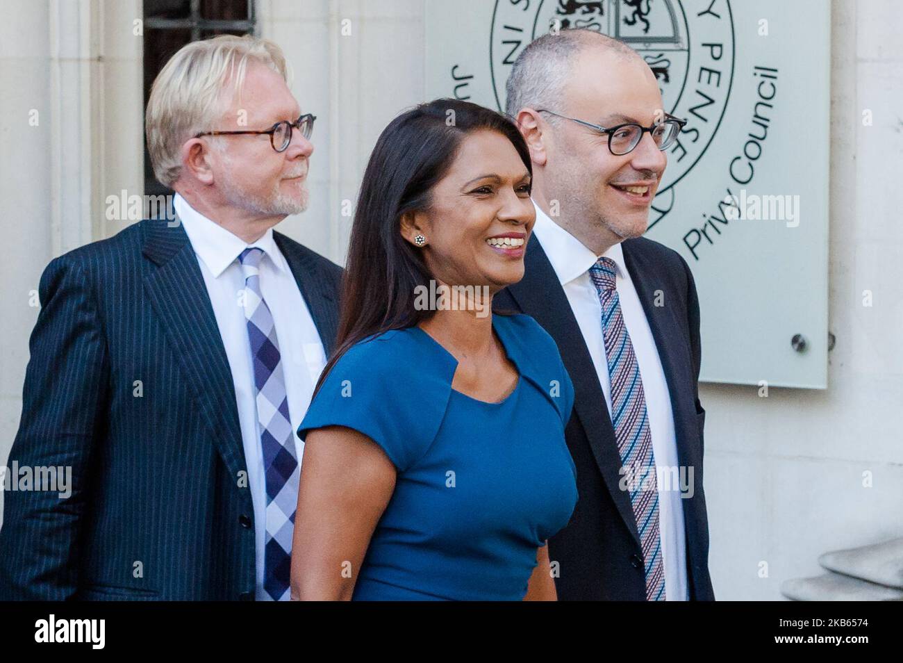 Gina Miller leaves the Supreme Court on 17 September, 2019 in London, England. Today, the Supreme Court judges begin a three-day hearing over the claim that Prime Minister Boris Johnson acted unlawfully in advising the Queen to prorogue parliament for five weeks in order to prevent MPs from debating the Brexit crisis. (Photo by WIktor Szymanowicz/NurPhoto) Stock Photo