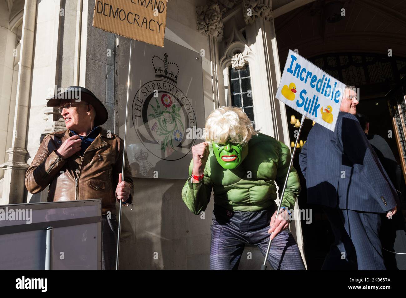 A protester dressed as the comic-book character the Incredible Hulk takes part in a demonstration outside the Supreme Court against Boris Johnson's suspension of parliament on 17 September, 2019 in London, England. Today, the Supreme Court judges begin a three-day hearing over the claim that Prime Minister Boris Johnson acted unlawfully in advising the Queen to prorogue parliament for five weeks in order to prevent MPs from debating the Brexit crisis. (Photo by WIktor Szymanowicz/NurPhoto) Stock Photo