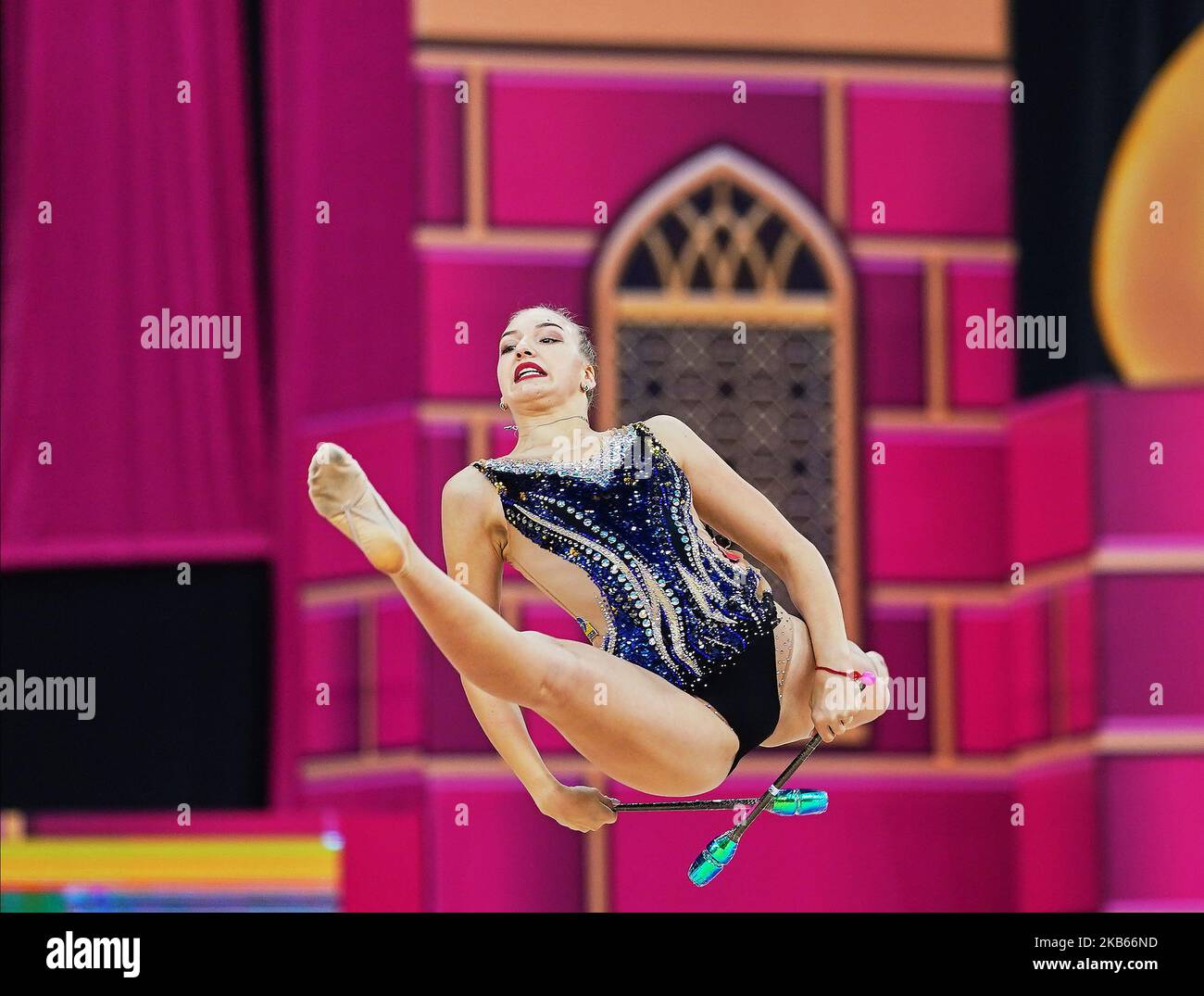 Agata Bykovskaia of Kirgistan during the 37th Rhythmic Gymnastics World Championships at the National Gymnastics Arena in Baku, Azerbaijan on September 18, 2019. (Photo by Ulrik Pedersen/NurPhoto) Stock Photo