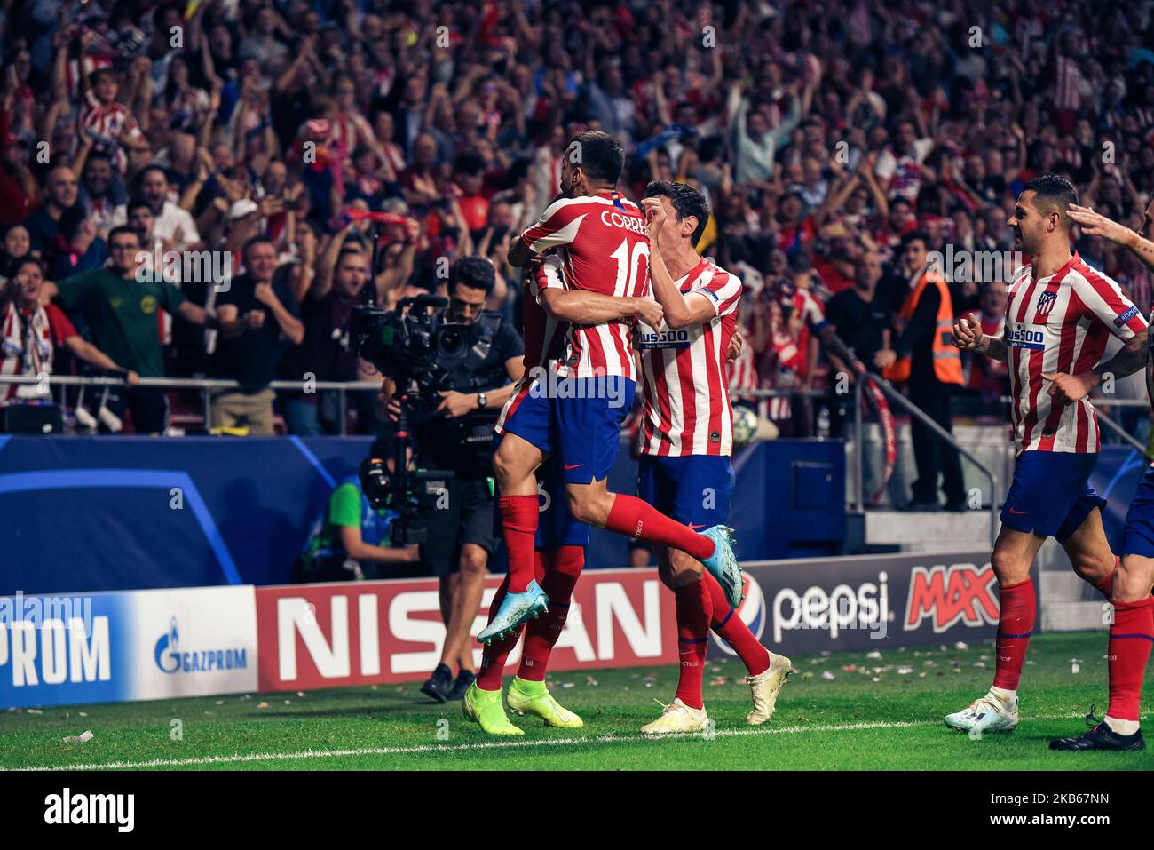 Hector Herrera and Angel Correa celebrates a goal during the UEFA Champions League group D match between Atletico Madrid and Juventus at Wanda Metropolitano on September 18, 2019 in Madrid, Spain. (Photo by Rubén de la Fuente Pérez/NurPhoto) Stock Photo