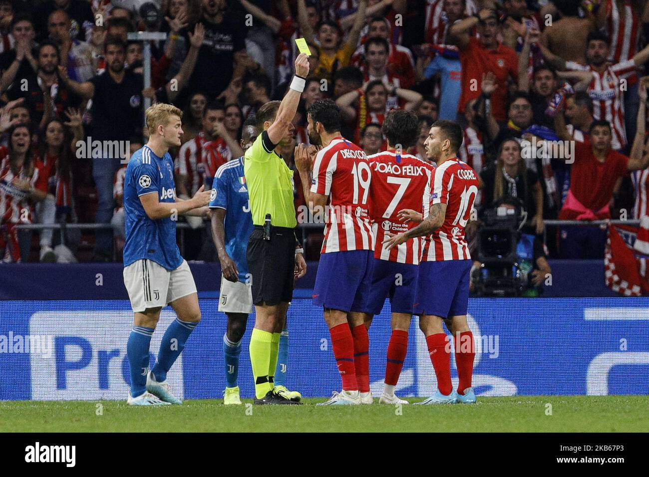 Diego Costa of Atletico de Madrid sees the yellow card during UEFA Champions League match between Atletico de Madrid and Juventus at Wanda Metropolitano Stadium in Madrid, Spain. September 18, 2019. (Photo by A. Ware/NurPhoto) Stock Photo