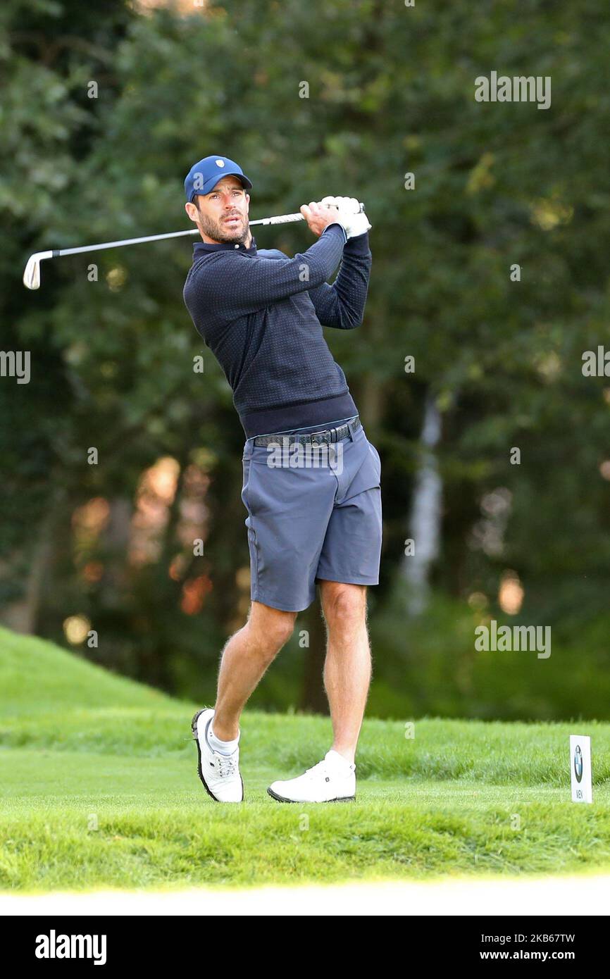 Jamie Redknapp on the tee during the BMW PGA Championship Pro Am at Wentworth Club, Virginia Water on Wednesday 18th September 2019. (Photo by Jon Bromley/MI News/NurPhoto) Stock Photo