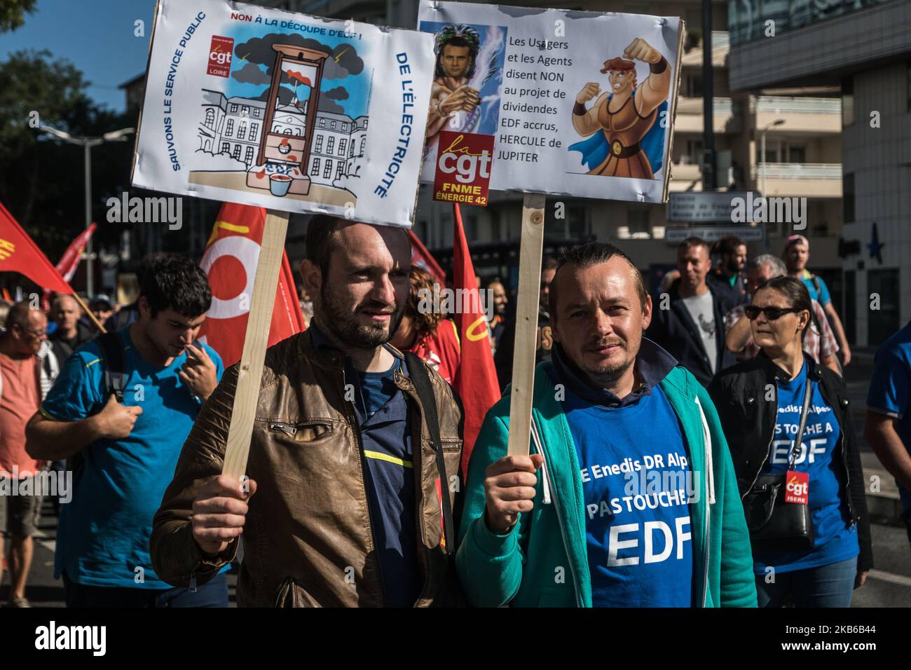 Hundreds of public service employees working in the energy sector, mainly at EDF and Enedis, demonstrated against the HERCULE government's plan in Lyon, France, on 19 September 2019. (Photo by Nicolas Liponne/NurPhoto) Stock Photo