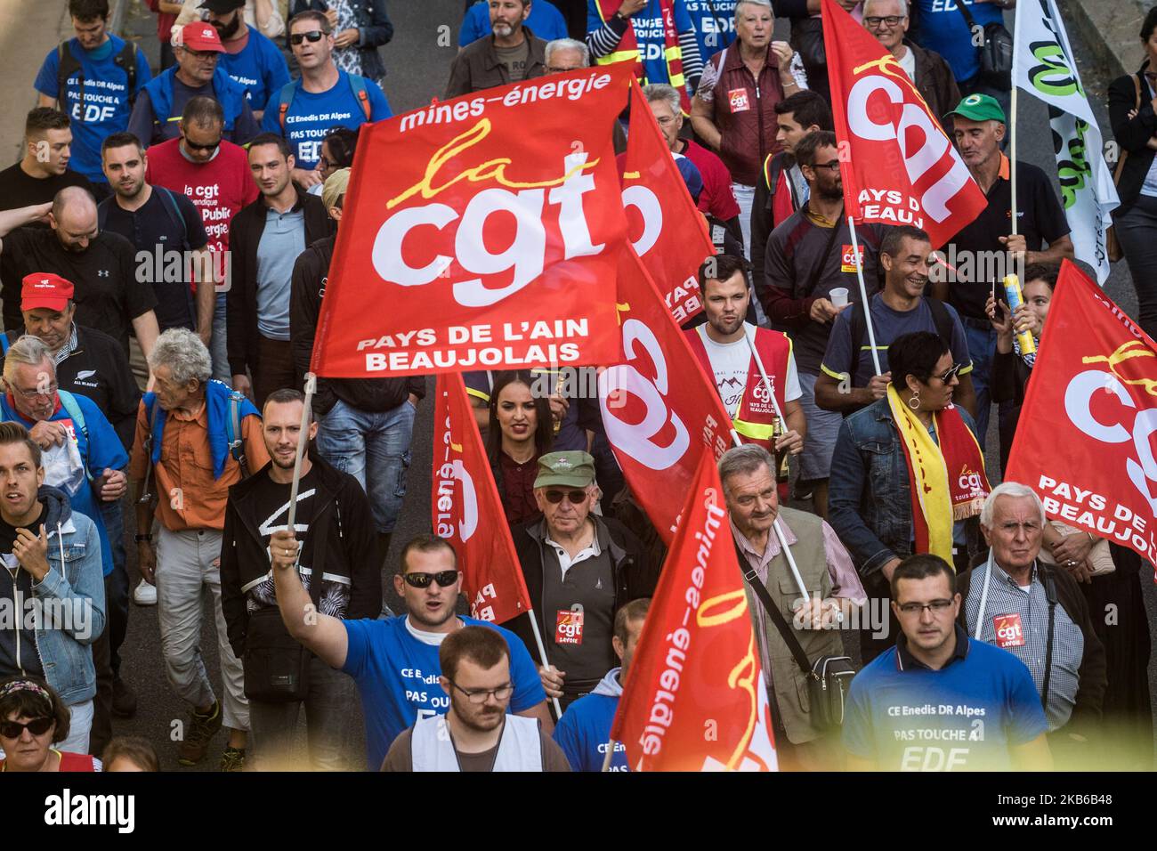 Hundreds of public service employees working in the energy sector, mainly at EDF and Enedis, demonstrated against the HERCULE government's plan in Lyon, France, on 19 September 2019. (Photo by Nicolas Liponne/NurPhoto) Stock Photo