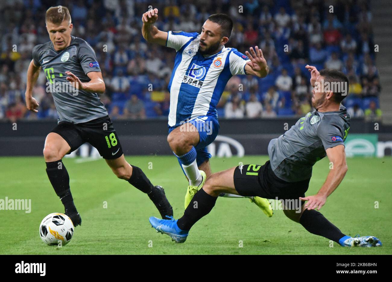 Matias Vargas, David Siger and Endre Botka during the match between RCD Espanyol and Ferencvaros, corresponding to the round 1 of the group stage of the Group H of the UEFA Europa League, played at the RCDESPANYOL Stadium, on 20th September 2019, in Barcelona, Spain. (Photo by Noelia Deniz/Urbanandsport /NurPhoto) Stock Photo