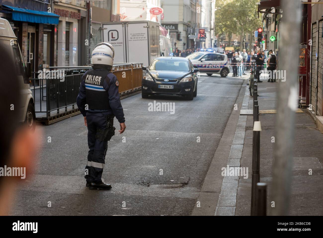 Police are working to arrest a man who shot a passer-by on Paul Bert Street in Lyon, France, on September 20, 2019. The elite RAID unit was called to intervene at the young man's home to arrest him. (Photo by Nicolas Liponne/NurPhoto) Stock Photo