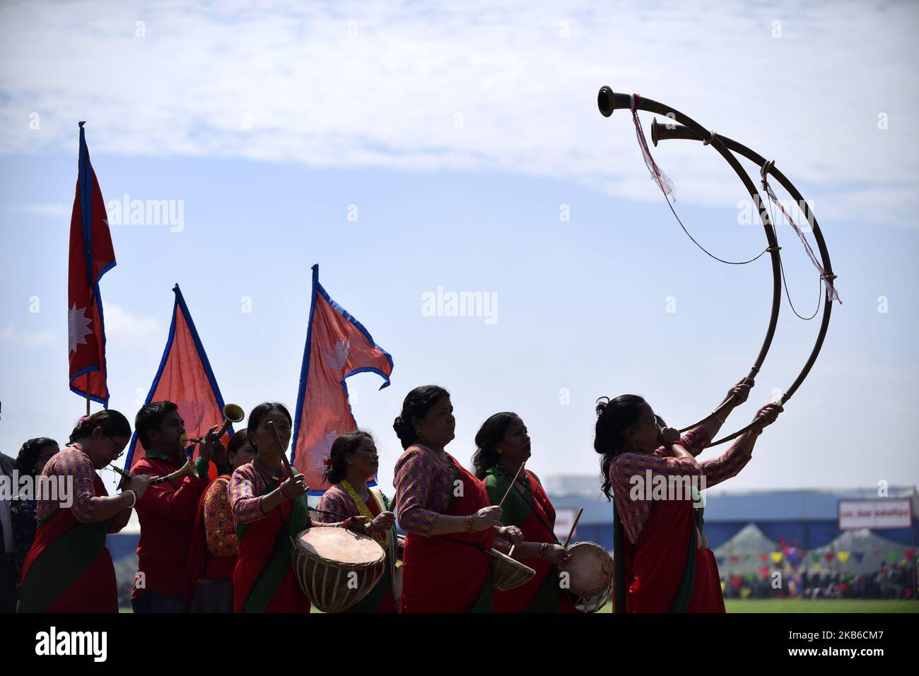 Nepalese women plays traditional instruments during celebration of Constitution Day at Nepal