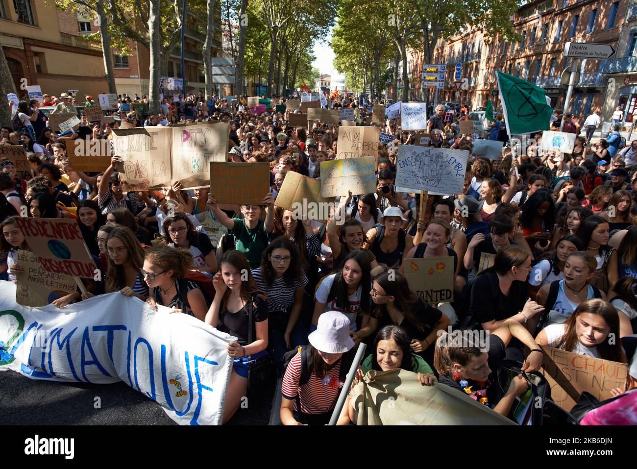 Following the call of Greta Thunberg for a World School Strike, more than 2500 school students and students took to the streets of Toulouse for the 3rd time to denounce the governments inaction towards the climate crisis. They denounce the lack of action against the environment crisis or the extinction of species. Similar protests took place all over the world. After this protest, they rejoined the March for the Climate.Toulouse. France. September 20th 2019. (Photo by Alain Pitton/NurPhoto) Stock Photo