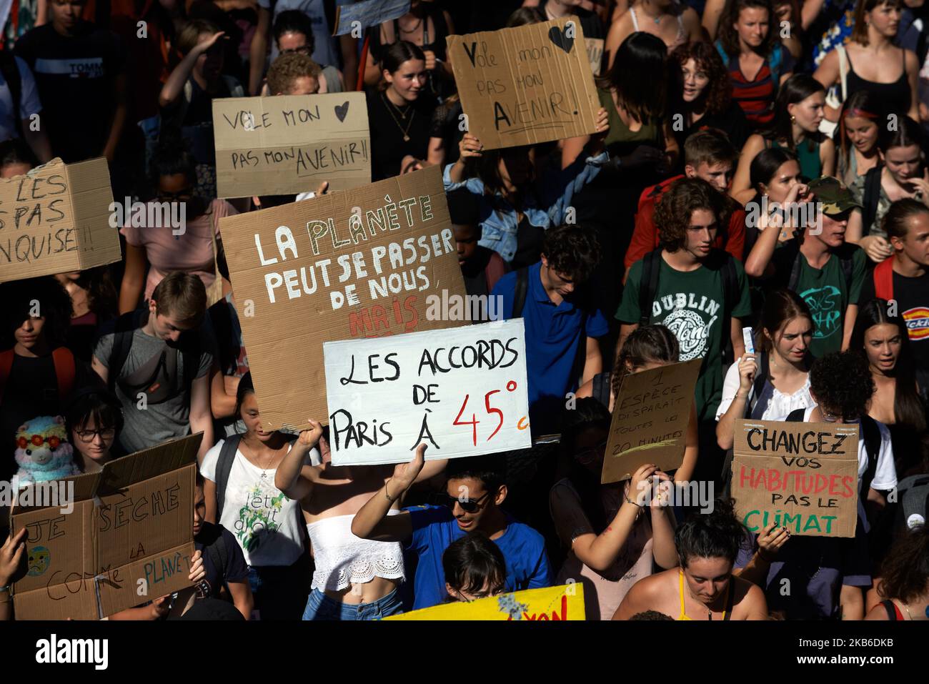 Following the call of Greta Thunberg for a World School Strike, more than 2500 school students and students took to the streets of Toulouse for the 3rd time to denounce the governments inaction towards the climate crisis. They denounce the lack of action against the environment crisis or the extinction of species. Similar protests took place all over the world. After this protest, they rejoined the March for the Climate.Toulouse. France. September 20th 2019. (Photo by Alain Pitton/NurPhoto) Stock Photo