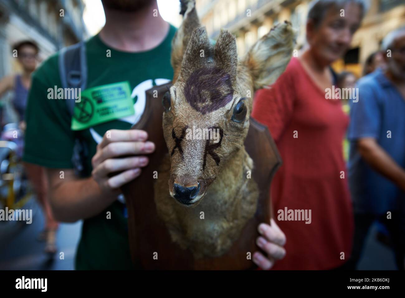 A man holds a deer's head painted with the XR (extinction Rebellion) symbol. Following the call of Greta Thunberg for a World School Strike, more than 2500 school students and students took to the streets of Toulouse for the 3rd time to denounce the governments inaction towards the climate crisis. They denounce the lack of action against the environment crisis or the extinction of species. Similar protests took place all over the world. After this protest, they rejoined the March for the Climate.Toulouse. France. September 20th 2019. (Photo by Alain Pitton/NurPhoto) Stock Photo