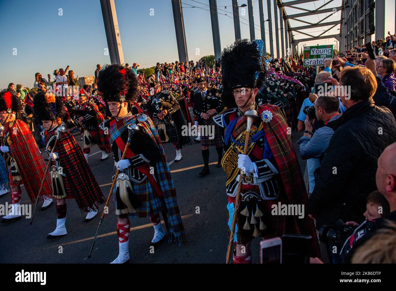 The parade is crossing the John Frost bridge before the 75th anniversary of the Battle of Arnhem ceremony started, in Arnhem on September 20th, 2019. (Photo by Romy Arroyo Fernandez/NurPhoto) Stock Photo
