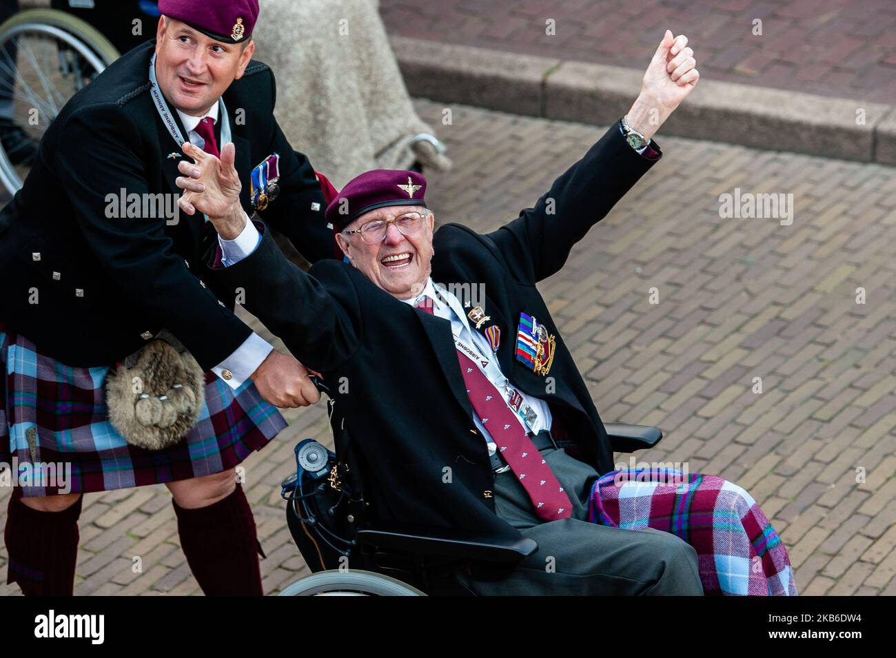 A WWII happy veteran is seen arriving to the 75th anniversary of the Battle of Arnhem ceremony, in Arnhem on September 20th, 2019. (Photo by Romy Arroyo Fernandez/NurPhoto) Stock Photo