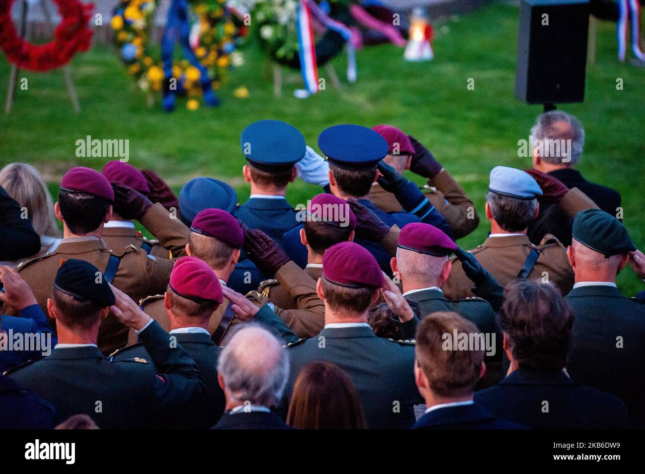Military people are seen making the military salute at the end of the 75th anniversary of the Battle of Arnhem ceremony, in Arnhem on September 20th, 2019. (Photo by Romy Arroyo Fernandez/NurPhoto) Stock Photo