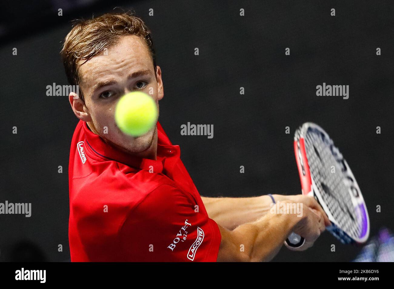 Daniil Medvedev of Russia returns the ball to Andrey Rublev of Russia during their ATP St. Petersburg Open 2019 quarter-final match on September 21, 2019 in Saint Petersburg, Russia. (Photo by Mike Kireev/NurPhoto) Stock Photo