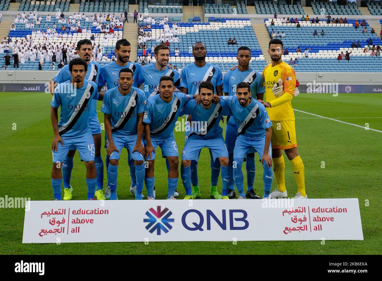 The Al Sadd team line up for a team photo before Al Sadd v Umm Salal in the  QNB Stars League on September 20 2019 in the Al Janoub Stadium, Qatar.  (Photo