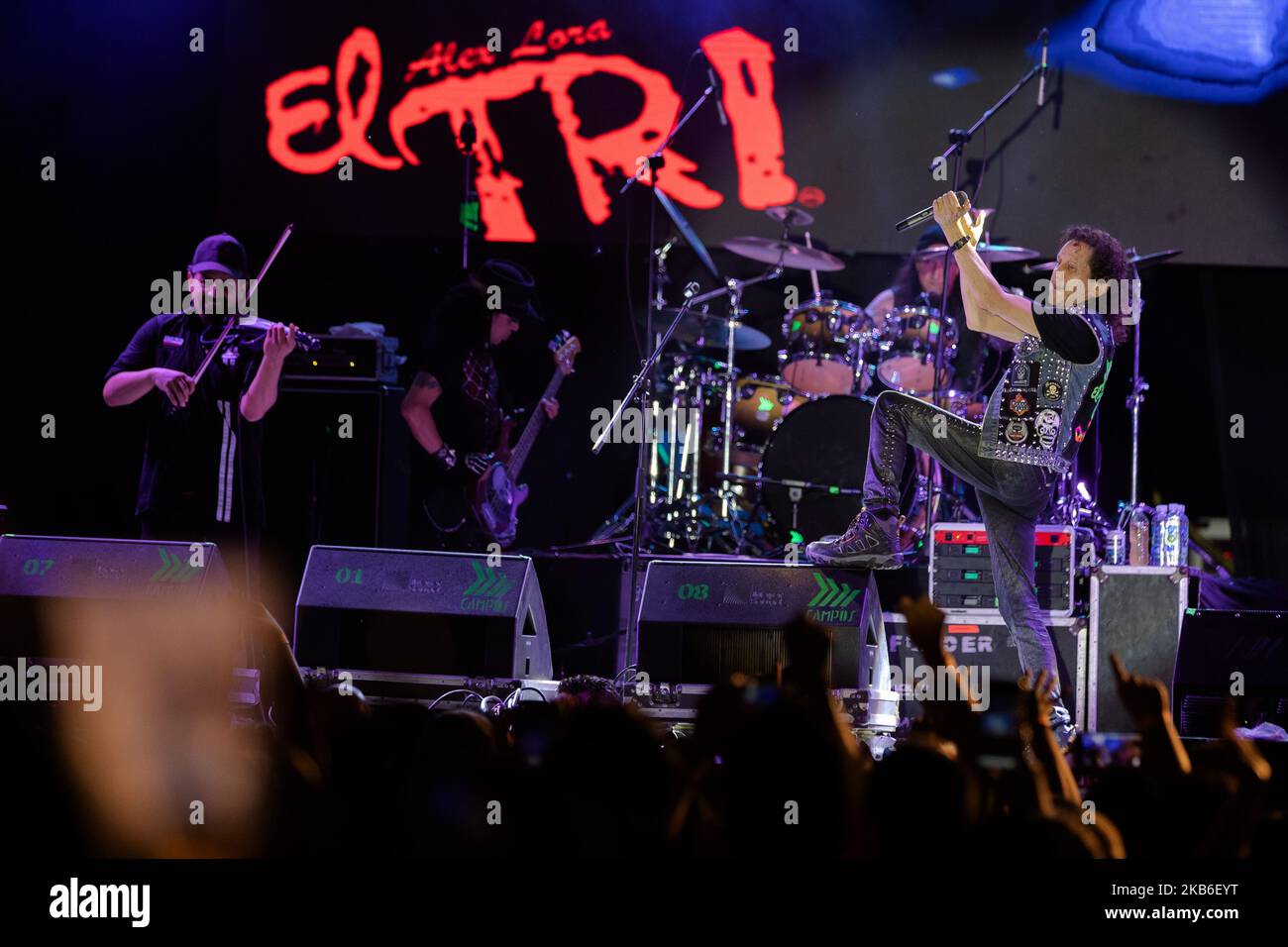 Alex Lora leader of Mexican band 'El Tri' performs a show on stage as part of celebrating the 50 anniversary of El Tri at Autodromo of Cancun on September 20, 2019 in Cancun, Mexico (Photo by Eyepix/NurPhoto) Stock Photo