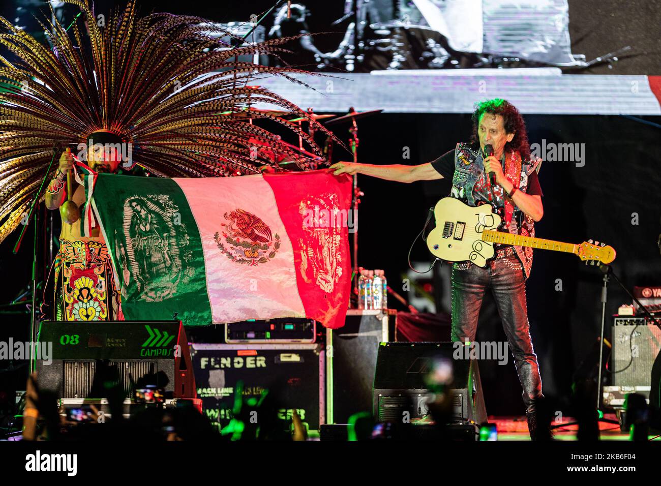 Alex Lora leader of Mexican band 'El Tri' performs a show on stage as part of celebrating the 50 anniversary of El Tri at Autodromo of Cancun on September 20, 2019 in Cancun, Mexico (Photo by Eyepix/NurPhoto) Stock Photo